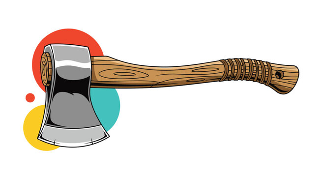 Detailed illustration of a vintage wood-handled axe with a polished steel head, set against a colorful abstract background, perfect for rustic designs. - Powered by Adobe