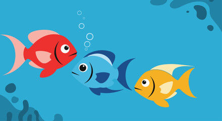 Fototapeta premium Colorful cartoon illustration of three fish swimming together in a blue ocean, with bubbles rising around them, depicting friendship and marine life.