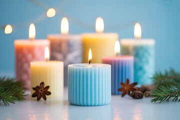 Seven colorful ribbed candles burn brightly with anises and a light blue background
