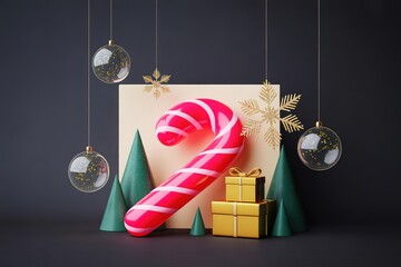 Two gold gift boxes rest near a red candy cane between decorations