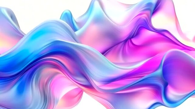 Iridescent flowing fabric with waves of blue, pink, and purple, creating a smooth, abstract, and luxurious texture