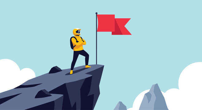 A determined mountaineer stands proudly atop a rocky peak, having successfully planted a red flag as a symbol of achievement and perseverance.