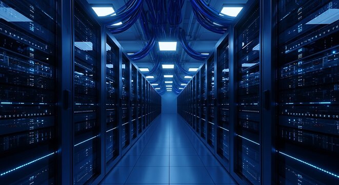 Server room infrastructure, technology and futuristic concept.