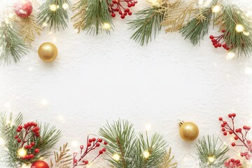 Shiny gold ornaments and pine branches frame a bright festive snow background beautifully