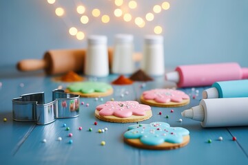 Holiday treats decorated flower cookies and baking tools create a cheerful, colorful tabletop scene