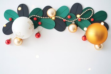 Ornamented baubles with glossy beads and leaves enhance festive holiday decoration on clean white background