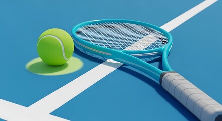 Tennis ball and racket on a blue court ready for a game of tennis
