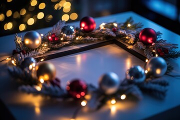 Festive holiday wreath showcases ornaments, twinkling lights, and frosted greenery creating a warm atmosphere