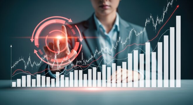 Businesswoman interacts with growing financial graph and circular interface displaying market trends and progress in technology sector