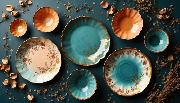 Collection of decorative porcelain plates, bowls with gold floral patterns. Various sizes, colors, including teal, coral, arranged on dark background. Elegant tableware for special occasions home