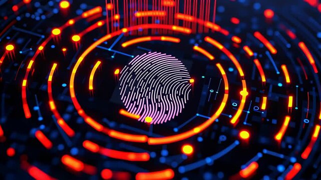 A colorful digital representation of a fingerprint surrounded by abstract patterns.