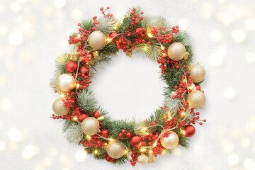 Festive Christmas wreath adorned with red berries, shiny gold ornaments, and glowing string lights