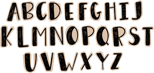 Paper cut out alphabet letters with crayon scribbles. Torn scrapbook font. Vintage funky scrapbook alphabet. Vector magazine alphabet with cut out letters from newspaper on different piece of paper.