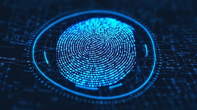 Digital fingerprint pattern in blue on a dark background.