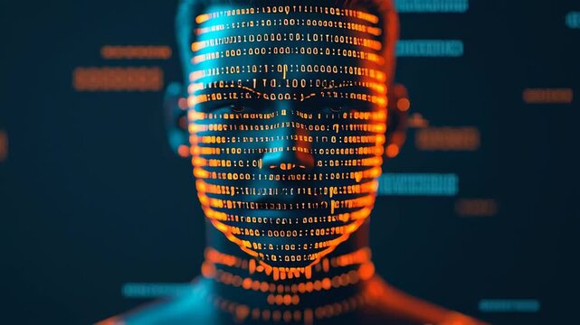 A digital representation of a face with binary code patterns.