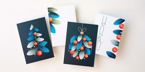 Four decorative cards show abstract winter holiday elements, berries and leaves are featured against a bright backdrop