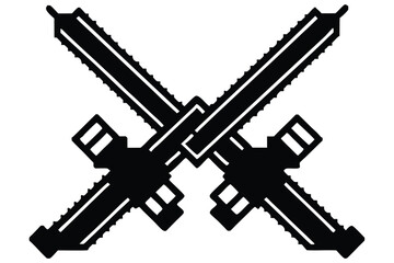 Two black stylized swords cross at their handles against a white background