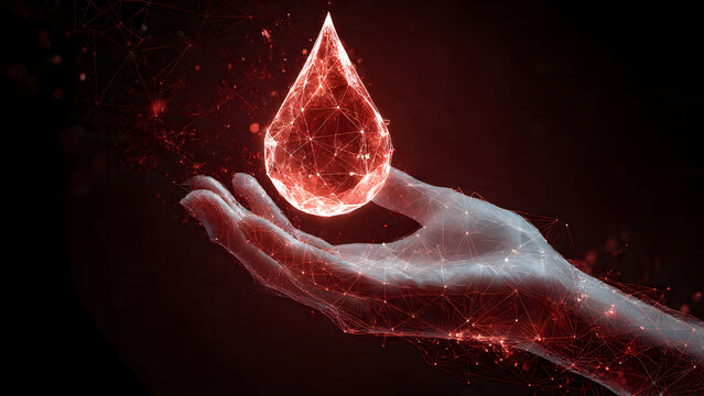 High-resolution abstract geometric blood drop in palm with glowing amber wireframe mesh, transparent polygonal structure, and luminous light design elements