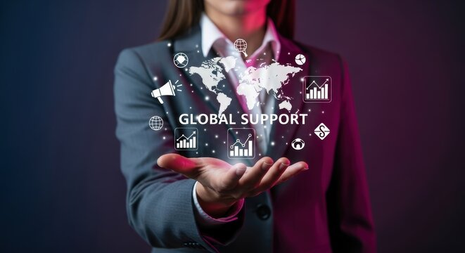Businesswoman offers global support with communication investment and worldwide statistics to expand global presence