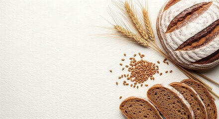 Freshly baked artisan bread with wheat and grains on a white background