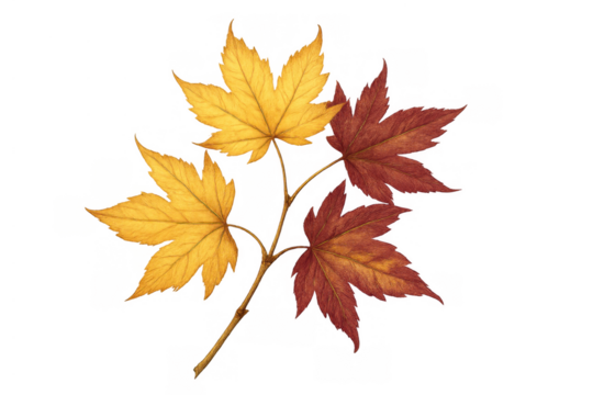 Maple leaves branch in fall colors, showcasing vibrant autumn foliage with a transparent background - Powered by Adobe