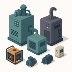 Isometric industrial equipment icons for factory automation and manufacturing processes innovation