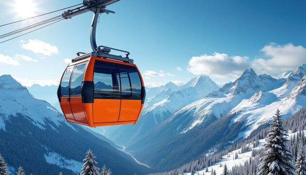 Orange ski lift gondola moves above snowy mountains under bright sun. Blue sky with clouds over vast snow covered landscape. Winter mountain range view.