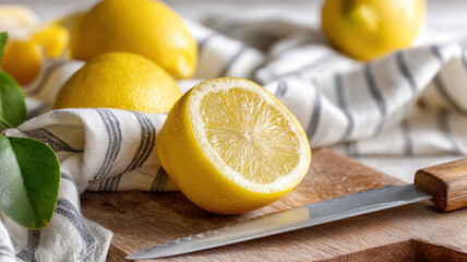 Fresh lemons on a cutting board, a slice revealing juicy pulp, and a knife in view. These vibrant lemons, with their zesty appeal, evoke a sense of freshness