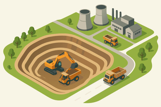 Isometric open pit mine with excavator and dump trucks, showcasing industry and resource extraction in vector style