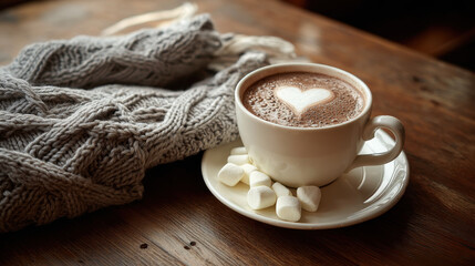 Cozy Valentine's Day: Heart-shaped Latte and Warm Knitted Scarf. A cup of coffee with a heart design and marshmallows creates a romantic atmosphere for a special occasion
