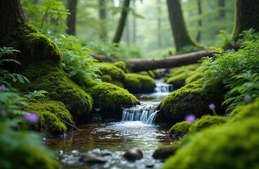 Lush green forest stream with moss covered rocks and ferns. Small waterfalls create a tranquil natural scene, perfect for relaxation and nature themes.