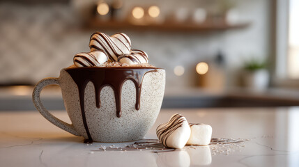 Valentine's Day treat: Heart-shaped marshmallows in a mug of hot chocolate. A cozy scene of a mug filled with hot chocolate and heart-shaped marshmallows, perfect for a romantic evening