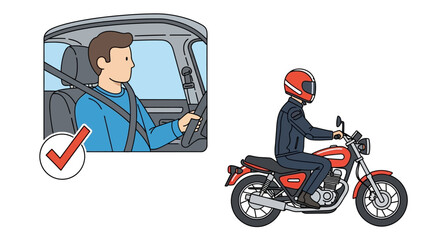 Showing man driving car with seatbelt fastened and motorcyclist wearing helmet, symbolizing road safety and responsible transportation