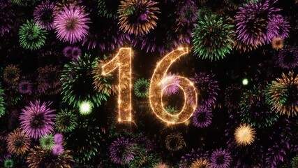 Number 16 surrounded by fireworks. Festive video for birthday or anniversary party