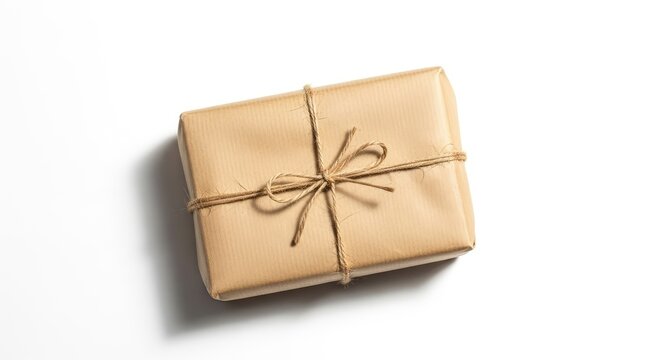 A small parcel wrapped in brown paper with string, placed on a white background