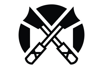 Two crossed axes intersect, overlaying a segmented circular shield on a white backdrop