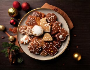 Plate of beautifully decorated christmas cookies, with chocolate, cinnamon and ornaments. Generated with AI