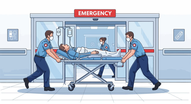 Medical personnel rush patient on stretcher into the emergency room hospital, highlighting urgent medical care and healthcare services