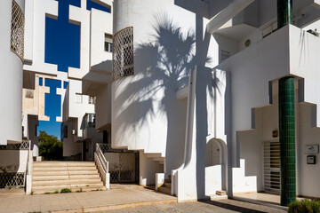 Tunis, Tunisia The angular and white facade of a residential building in the downtown.