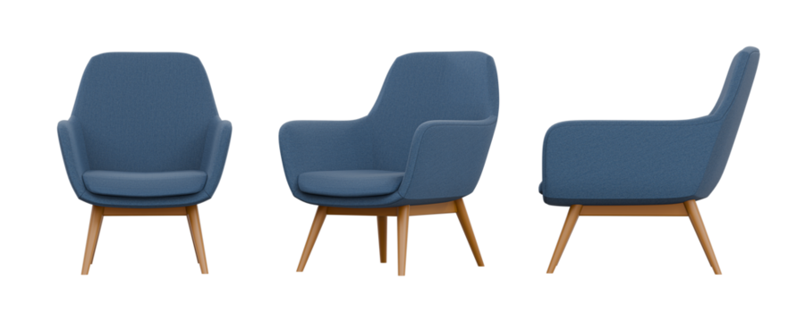 Modern blue fabric accent chair shown in front, angle, and side views, featuring cushioned seating and wooden legs, ideal for living rooms, offices, or lounge décor.