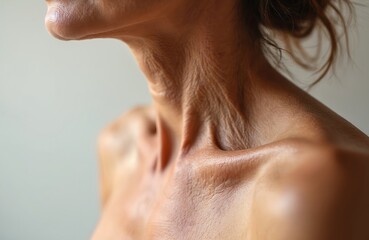 Close-up mature womans neck exhibiting dryness, fine wrinkles near collarbone. Skin texture displays age related changes, showing loss of elasticity. Image explores aging process, potential skincare
