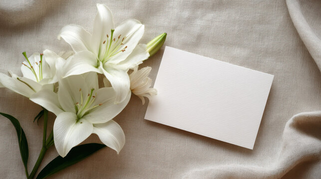 Elegant white lilies and blank card on linen, perfect for a special message. This beautiful arrangement of lilies and a blank card creates a serene and inviting atmosphere