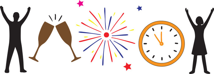 New year celebration with fireworks and toasting glasses