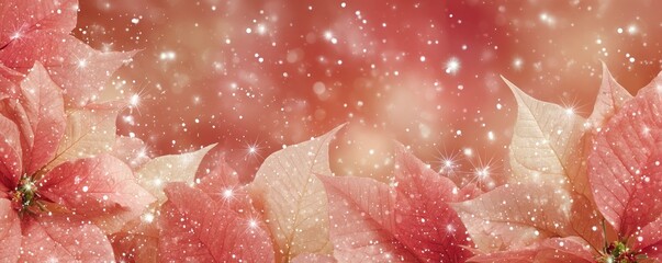 Delicate pink poinsettia flowers with sparkling bokeh lights background.