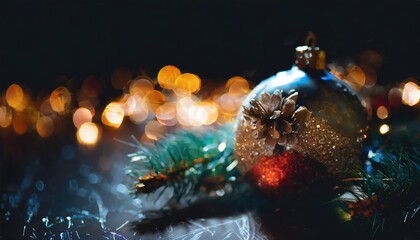 Decorations and ornaments on a Christmas tree, with a blurred background and copy space. Generated with AI
