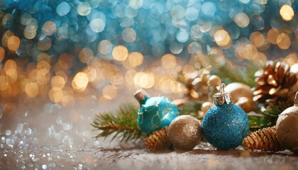 Decorations and ornaments on a Christmas tree, with a blurred background and copy space. Generated with AI