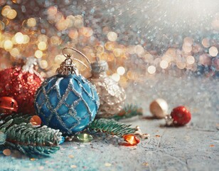 Decorations and ornaments on a Christmas tree, with a blurred background and copy space. Generated with AI