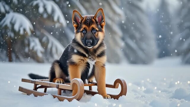 Sch&auml;ferhund auf Schlitten