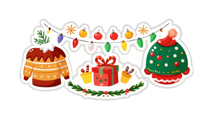 Christmas decoration for festive celebration stickers set vector illustration. Cartoon sweater with ornament and cute baubles, xmas gift box, garland of light bulbs and pine tree candy cake background