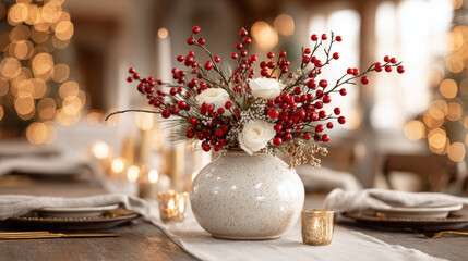 Elegant table setting with floral arrangement and soft candlelight. A beautiful centerpiece of flowers and berries adorns a table set for a special occasion, creating a warm atmosphere